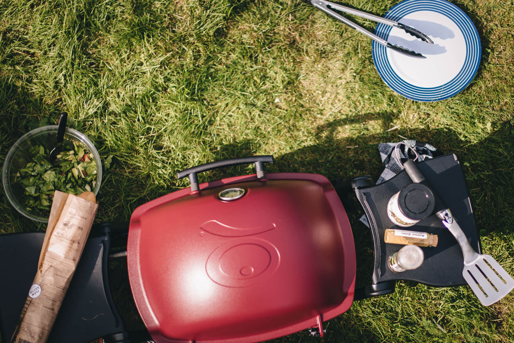 Weber Q1200 grill on the grass from above