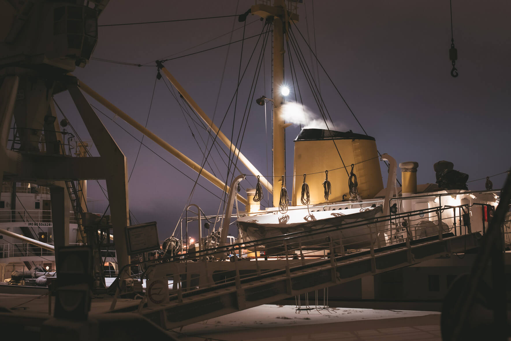 Old ship at Hafenmuseum Hamburg with fresh snow