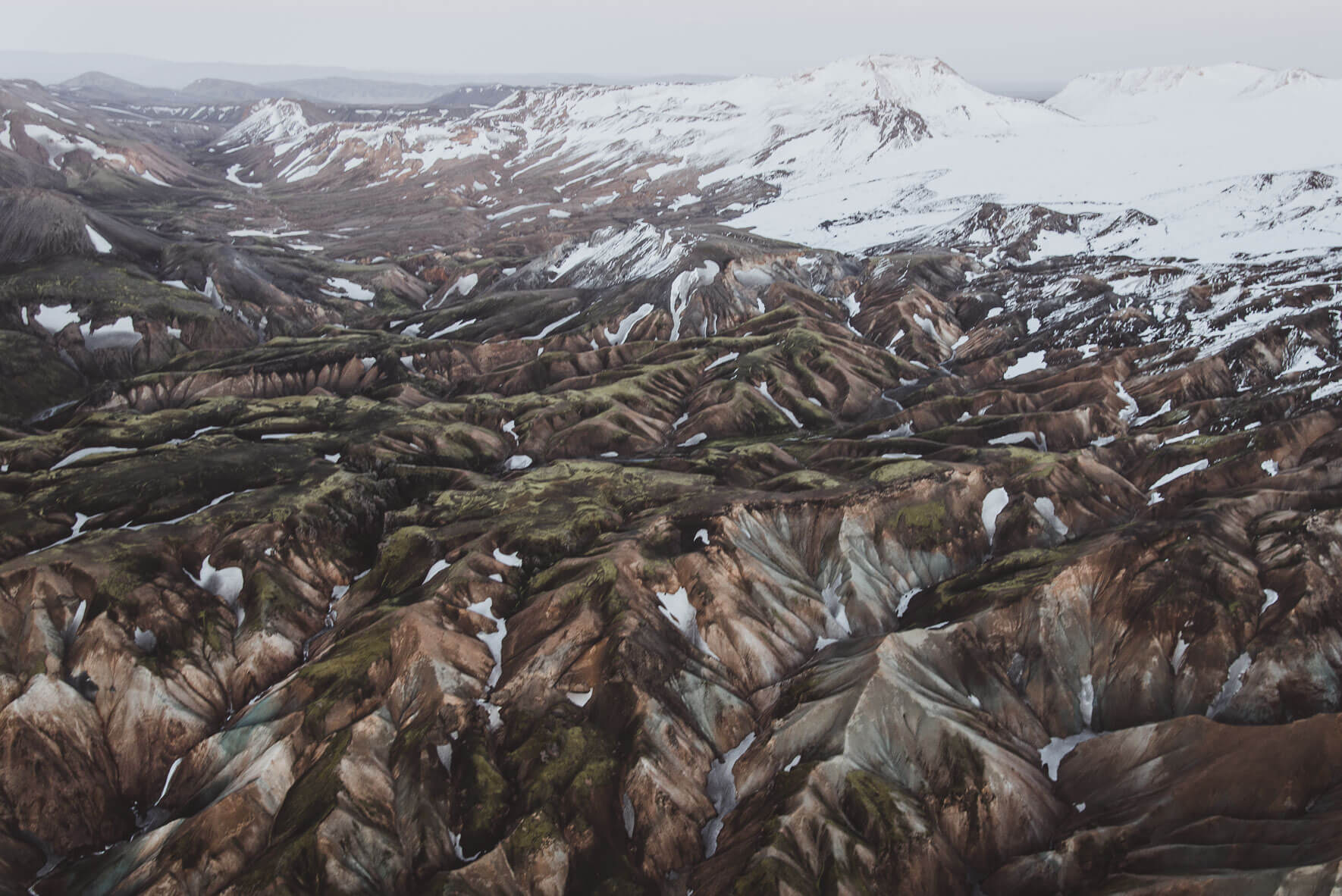 Aerial view of Landmannalaugar in Iceland with snow