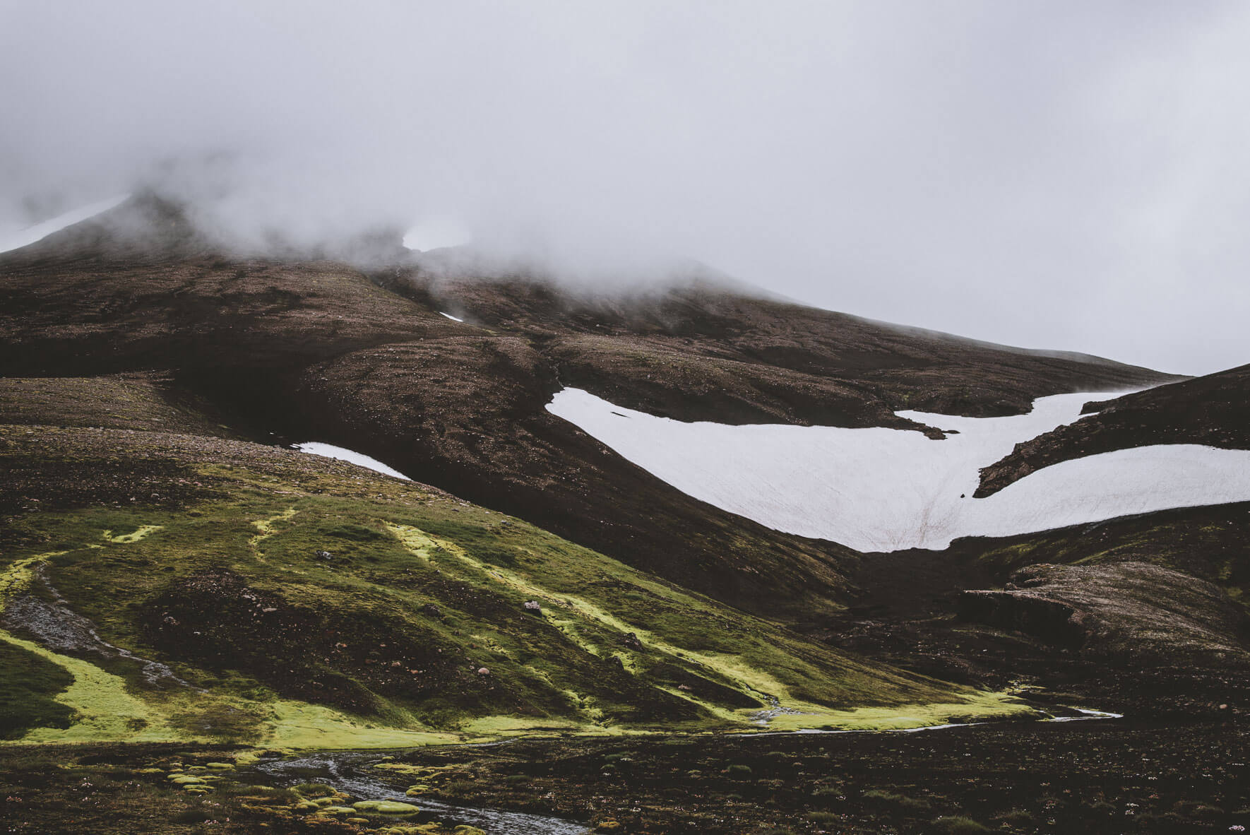 Neon green moss on the mountains in the Highlands of Iceland