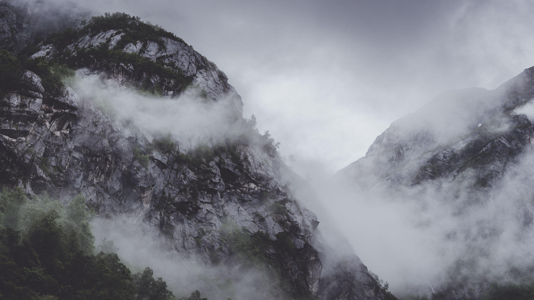 Foggy mountain landscape near Eidfjord in Norway