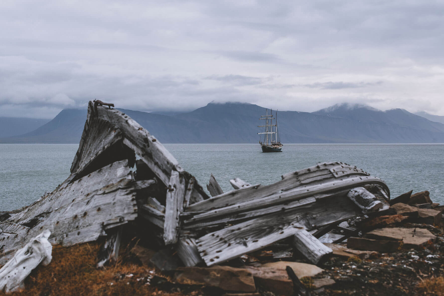 Old ship from the times of whaling (Bamsebu, Svalbard), Norway