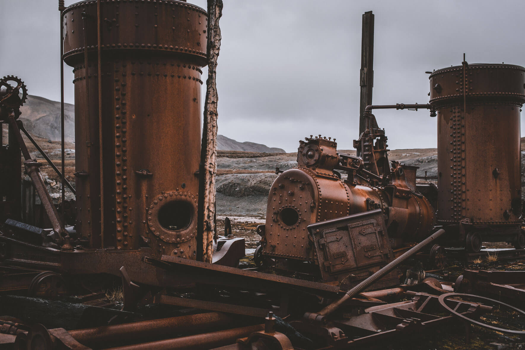 Rusted steam engine from the old marble mine at Camp Mansfield (New London/Ny-London, Svalbard)