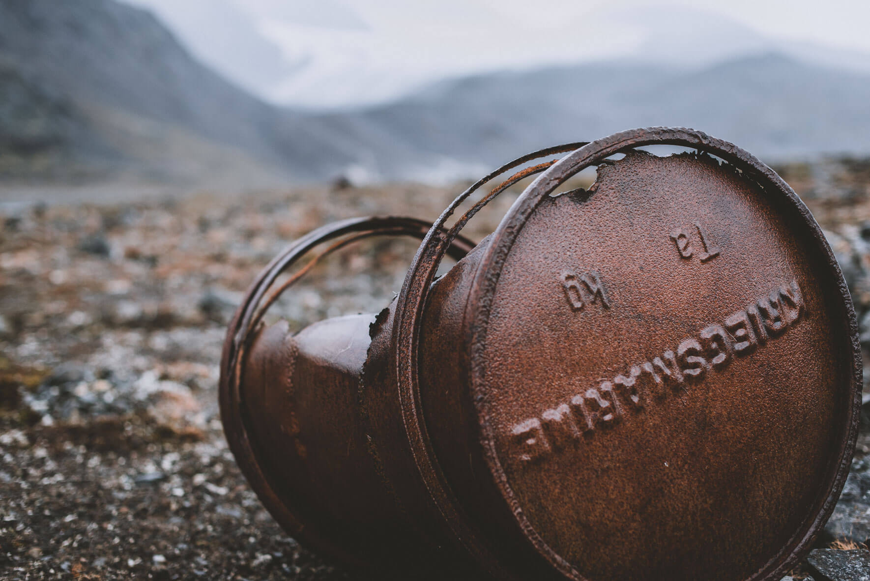 Oil barrel from a German weather station, destroyed in World War II by Norwegian commandos (Signehamma Bay, Svalbard)